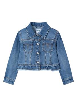 Jaqueta jeans Mayoral azul médio com babados para menina.