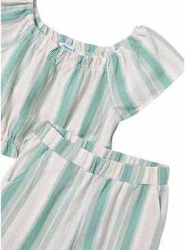 Conjunto Mayoral calça e camiseta listradas verde.