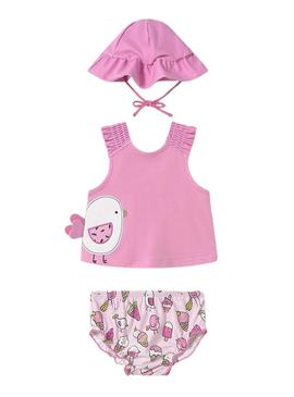 Conjunto Mayoral 3 peças de banho rosa para bebê.