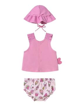 Conjunto Mayoral 3 peças de banho rosa para bebê.