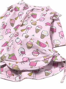Macacão Mayoral de banho com touca rosa para bebê.