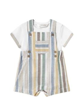 Conjunto Mayoral macacão e camiseta de linho para bebê.
