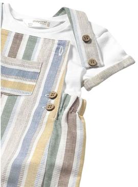 Conjunto Mayoral macacão e camiseta de linho para bebê.