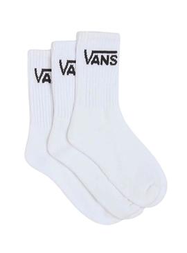 Pacote de três meias Vans Classic Crew brancas para homens e mulheres.