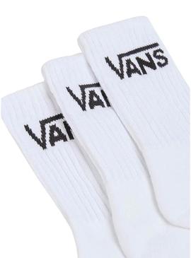 Pacote de três meias Vans Classic Crew brancas para homens e mulheres.