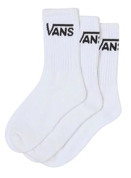 Pacote de três meias Vans Classic Crew brancas para homens e mulheres.