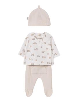 Conjunto de 3 peças Mayoral, polaina e gorro bege para bebê.