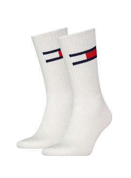 Pack de dois pares de meias Tommy Jeans UNI brancas para homem e mulher.