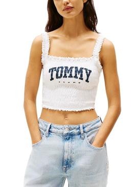 Top Tommy Jeans Smock Varsity branco para mulher.