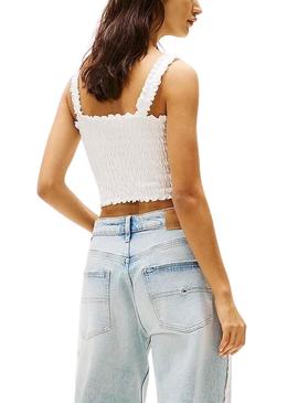 Top Tommy Jeans Smock Varsity branco para mulher.