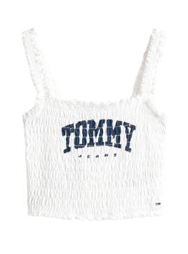 Top Tommy Jeans Smock Varsity branco para mulher.