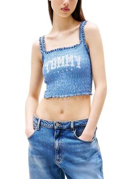 Top Tommy Jeans Smock Varsity azul para mujerTradução para o português: Top Tommy Jeans Smock Varsity azul para mulher
