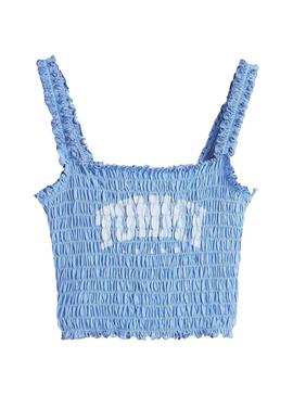 Top Tommy Jeans Smock Varsity azul para mujerTradução para o português: Top Tommy Jeans Smock Varsity azul para mulher