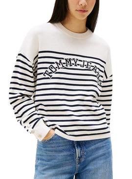 Camisola Tommy Jeans listrada em branco e azul Varsity para mulher.