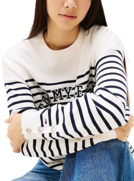 Camisola Tommy Jeans listrada em branco e azul Varsity para mulher.