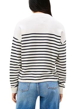 Camisola Tommy Jeans listrada em branco e azul Varsity para mulher.