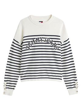 Camisola Tommy Jeans listrada em branco e azul Varsity para mulher.