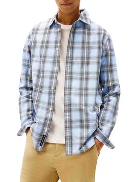 Camisa Tommy Jeans Poplin Check azul para homem.