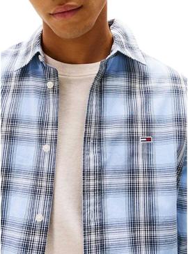 Camisa Tommy Jeans Poplin Check azul para homem.