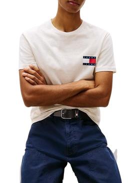 Camiseta Tommy Jeans Essential Flag bege para homem.