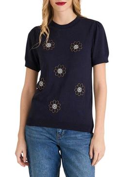 Camisola Naf Naf azul marinho com bordados para mulher.