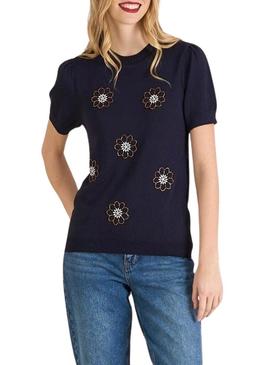 Camisola Naf Naf azul marinho com bordados para mulher.