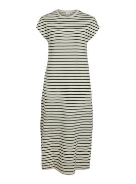 Vestido Vila Visinny bege estampado com listras pretas para mulher.