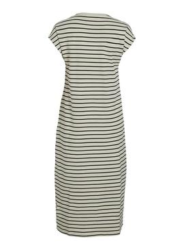 Vestido Vila Visinny bege estampado com listras pretas para mulher.