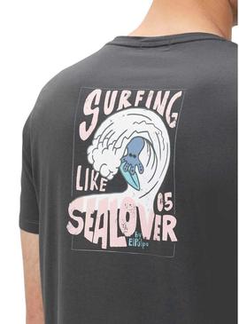 Camiseta  El Pulpo estampado Surfando Ondas cinza para homem