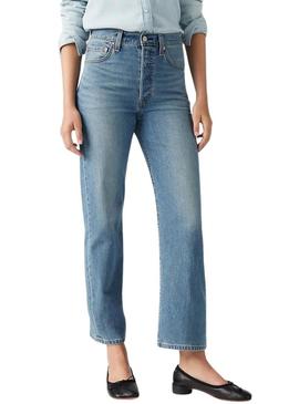Calça jeans Levis Ribcage Cool reta tornozelo para mulher.
