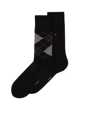  Pacote de dois pares de meias Tommy Hilfiger pretas com losangos para homem.