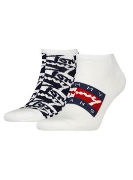 Pack 2 meias Tommy Jeans Sneaker Flag brancas para homem e mulher.