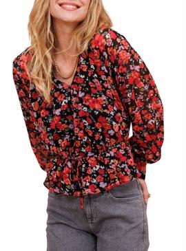 Camisa Naf Naf Disty estampada de flores vermelhas para mulher.