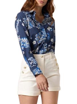 Camisa Naf Naf estampada floral azul marinho para mulher.
