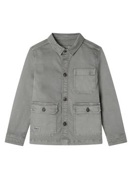 Camisa sobreposta Pepe Jeans Malbert cinza em sarja para crianças.