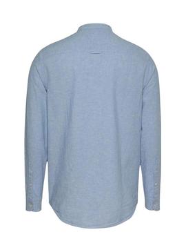 Camisa Tommy Jeans de linho azul com gola mao para homem.
