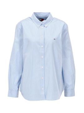 Camisa Tommy Jeans Pinstripe azul e branco para mulher.