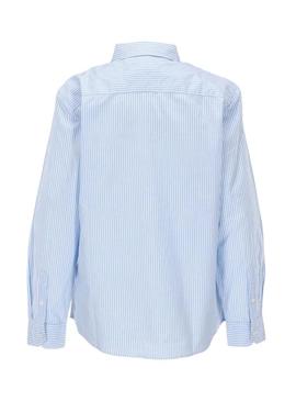Camisa Tommy Jeans Pinstripe azul e branco para mulher.