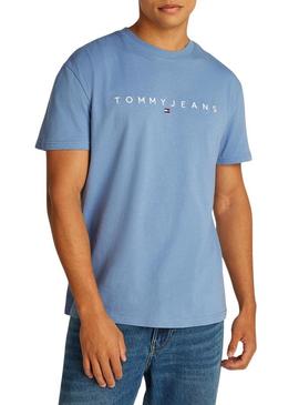 Camiseta Tommy Jeans Linear Logo azul para homem.