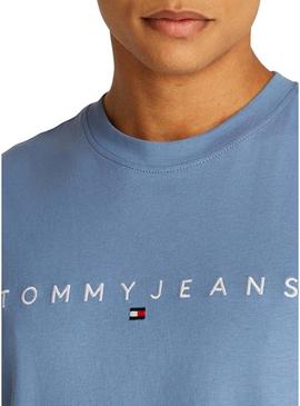 Camiseta Tommy Jeans Linear Logo azul para homem.