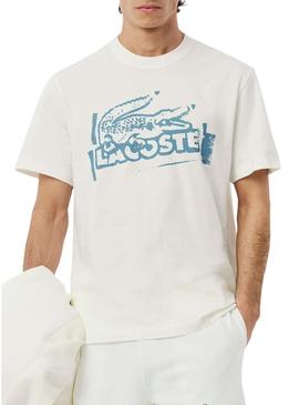 Camiseta Lacoste logo branco e azul para homem.