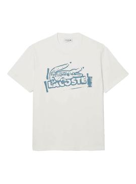 Camiseta Lacoste logo branco e azul para homem.