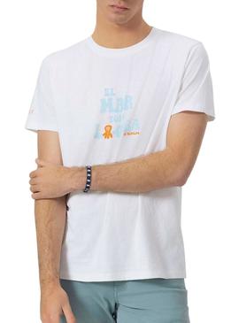 Camiseta El Pulpo O Mar Tudo Cura branca para homem.