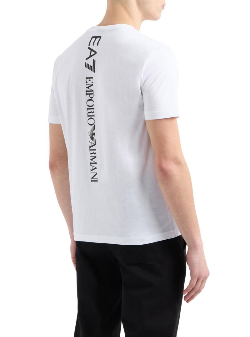 Camiseta Emporio Armani EA7 com logotipo vertical branco para homem.