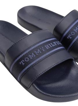 Chinelos Tommy Hilfiger Poolside azul marinho para mulher.