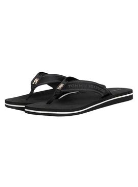 Chinelos Tommy Hilfiger Webbing preto para mulher.