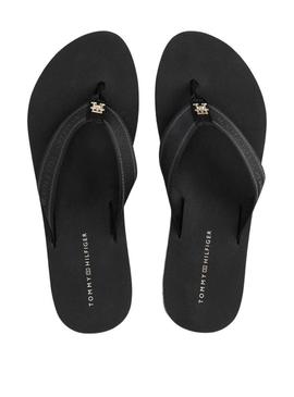 Chinelos Tommy Hilfiger Webbing preto para mulher.