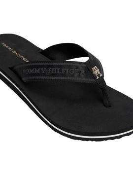 Chinelos Tommy Hilfiger Webbing preto para mulher.