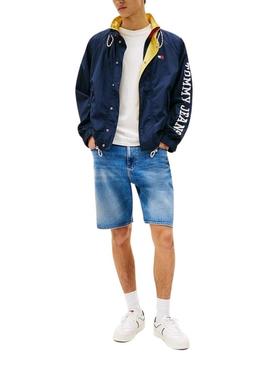  Jaqueta Tommy Jeans Color Block azul marinho para homens.