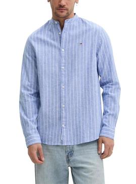 Camisa Tommy Jeans de linho às riscas azul e branco para homem.
